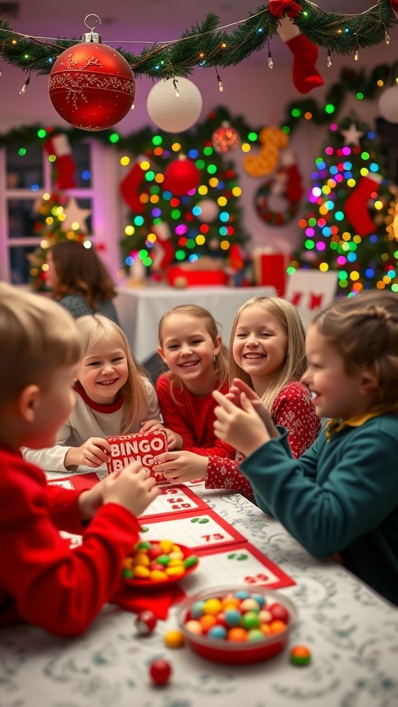Children playing Christmas games in a decorated room, filled with laughter and festive spirit.
